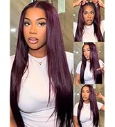 KLAIYI Black Cherry Layered Straight 7x5 Pre Cut Lace Front Wigs Human Hair Bye Bye Knots Glueles...