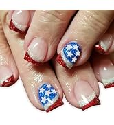 Independence Day Press on Nails Short Square Acrylic Nails with Red Blue USA Flag Designs Red Sil...
