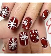 Red Press on Nails Short Square Fake Nails with Designs Snowflake Stick on Nail Christmas Acrylic...