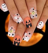 Morily 24Pcs Halloween White Short Press on Nails Square Orange Fake Nails Matte Stick on Nails w...