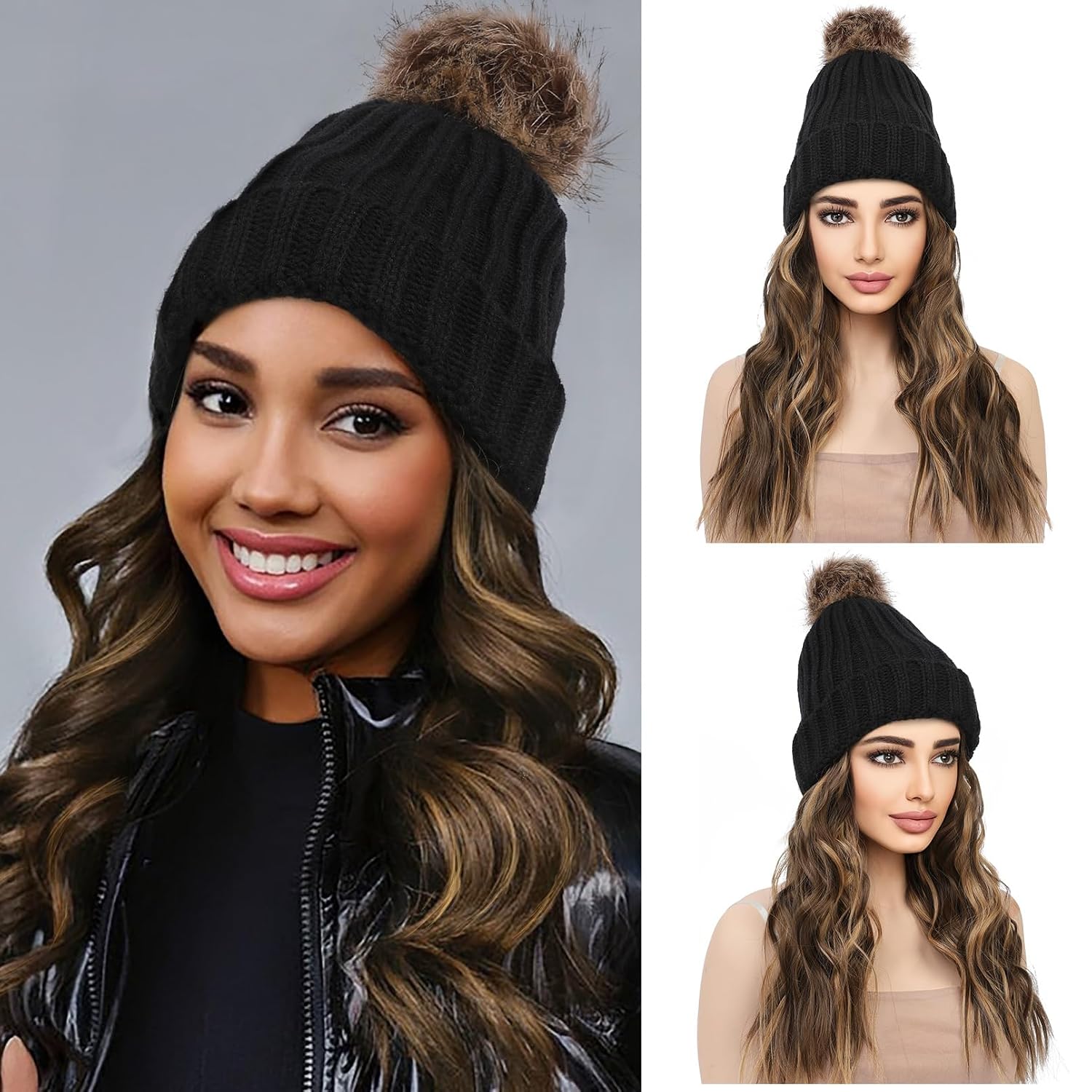3pcs Beanie Wig Beanie Hat with Hair Wig Women Wig Hat Hair Extension Hat Wigs for Women Hat with Hair Attached for Women Has Fabric Headgear Miss European and American