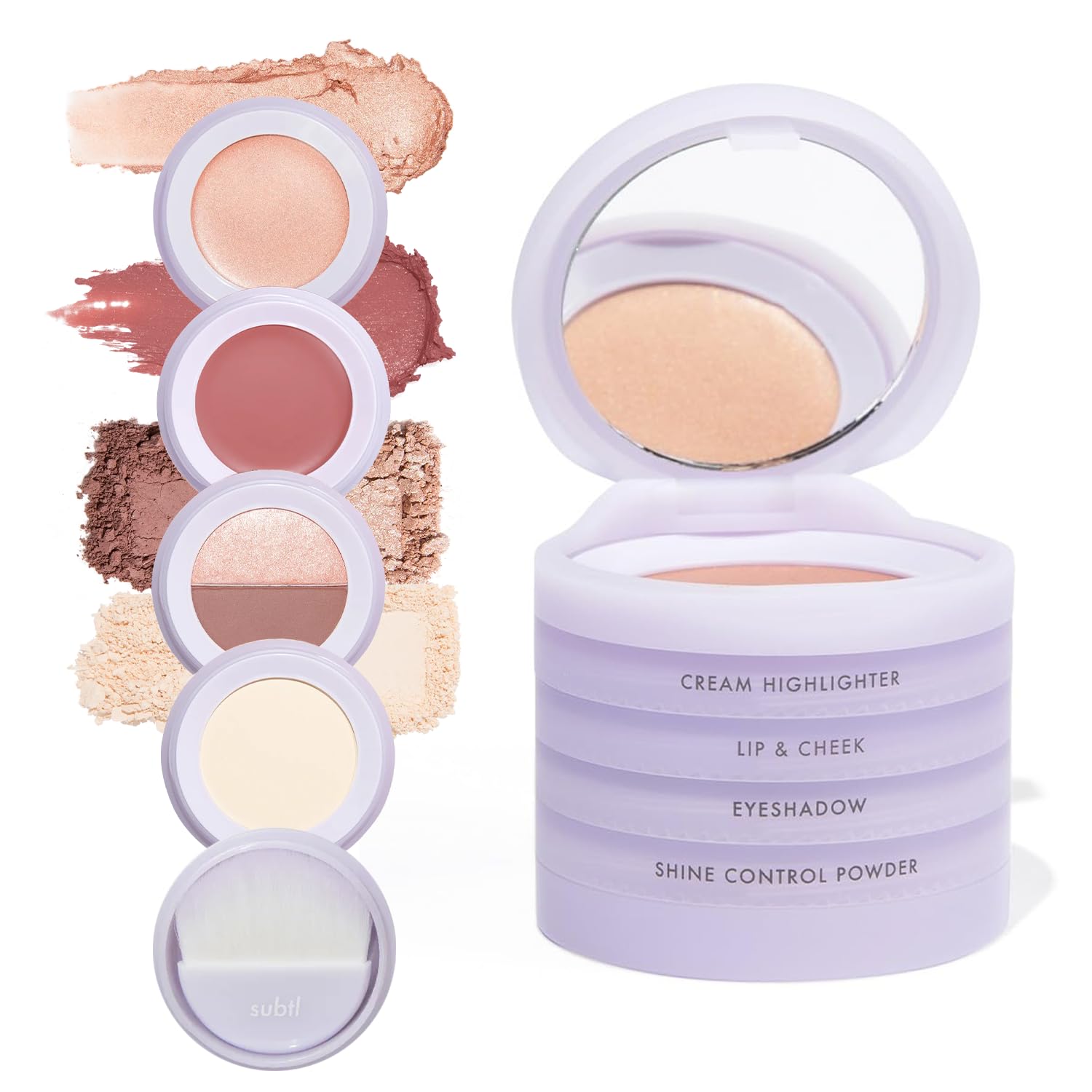 4-in-1 travel makeup kit by subtl beauty | eyeshadow duo, powder blush, cream highlighter, lip and cheek, lip balm | free travel mirror and brush | stackable makeup for travel