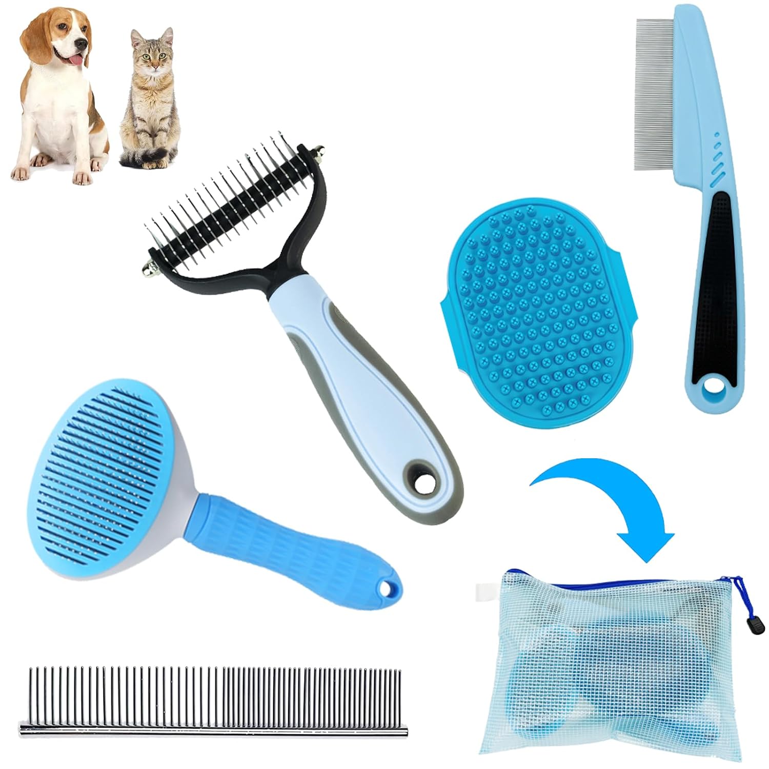 4 PCS Cat&Dog Grooming Brush Kit - Self Cleaning Slicker Brush for Shedding, Paw Bath Brush for Shower, Finger Toothbrush for Oral Cleaning, Shower Head for Outdoor Bathing
