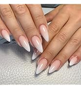 Ombre Press on Nails Medium Almond Fake Nails Nude White Gradient False Nails Full Cover Acrylic ...