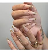 MISUD Press on Nails - Medium Almond Fake Nails with Gold Chrome, Acrylic French Tip Design 24 pcs