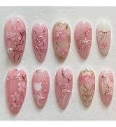 30Pcs Pink Flower Press on Nails Medium Almond Fake Nails with 3D Pearl Rhinestones Designs Glue ...