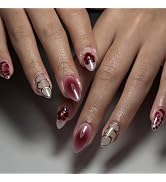 Cute Press on Nails Medium Almond Fake Nails Flower Stick on Nails Full Cover False Nails with De...