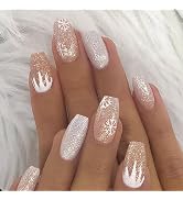 Christmas Press on Nails Medium Coffin SWEKKE Winter Fake Nails Snowflake Flame Full Cover Stick ...