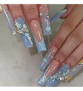 Press on Nails Long Square Fake Nails with 3D Butterfly Flower Designs Blue French Tip Nails Pres...