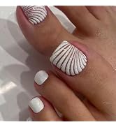 White Toe Press on Nails Short Toe Nail Press ons with Shell Pattern Designs Summer Press on Toen...