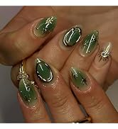 30Pcs Green Press on Nails Gold Sun Star Fake Nails Medium Almond Acrylic Nails Glossy Glue on Na...