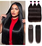 Straight Bundles Human Hair with Closure 18 20 22+16 Inch 10A Unprocessed Brazilian Human Hair 3 ...