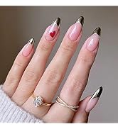 ANDGING Press on Nails Short Medium Almond, Fake Nails for Women with Nude Pink Black Heart Desig...