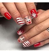 Christmas Press on Nails Short Square Fake Nails Cute Reindeer Snowflake Design Glitter Acrylic N...