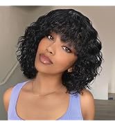 HUA Curly Bob Wig With Bangs Human Hair Glueless Wear And Go 12 Inch Deep Wave Human Hair Wigs Wi...