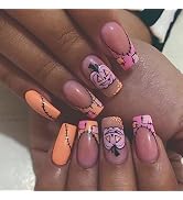 Halloween Press on Nails Medium Square SWEKKE French Tip Fake Nails Pink Full Cover Pumpkin Face ...
