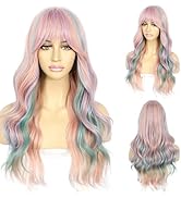 SAPPHIREWIGS Long Wavy Wigs with Bangs Rainbow Highlight Colorful Wavy Synthetic Wigs Heat Resist...