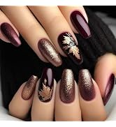 Burgundy Press on Nails Medium Fake Nails with Gold Maple Leaf Designs Coffin Glue on Nails Fall ...