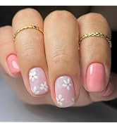 Spring Press on Nails Short Square Fake Nails with Flower Designs Summer Nails Press ons Glossy G...