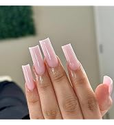 Pink Press on Nails Long Square SWEKKE Fake Nails Full Cover Solid Color False Nails with Nail Gl...