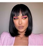 Mofyue Short Black Human Hair Bob Wigs With Bangs Straight Realistic Scalp Glueless Non Lace Fron...