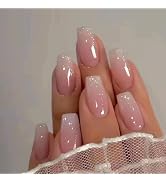 Pink Gradient Press on Nails Medium Square Fake Nails Pink Glue on nails Clear False Nails with D...