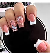 Press on Nails Medium Square Fake Nails Full Cover Glossy False Nails With Butterfly Designs Whit...