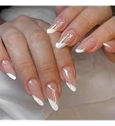 White French Tip Press on Nails Medium Almond Fake Nails White False Nails with Silver Line Desig...
