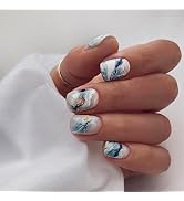 YOSOMK Press on Nails Short Dark Green Ink Splash Fake Nails Short Glossy Stick on Nails Full Cov...