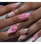 Leopard Press on Nails Medium Almond Fake Nails with Floral Hibiscus Design - Pink French Tip Fal...