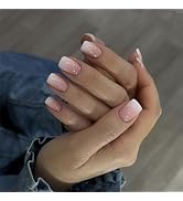 Short Press on Nails Square Fake Nails Pink Ombre False Nails with Simple Style Designs White Acr...