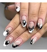 Halloween Press on Nails Short Almond Fake Nails Full Cover False Nails with Ghost Designs Black ...