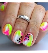 Press on Nails Short Square Fake Nails with Leopard Designs Glossy Nails Press ons Yellow Pink Ac...