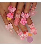 Pink Press on Nails Long Square SWEKKE Fake Nails Full Cover 5D Heart Bear Charm False Nails with...