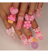 Press on Nails Long Square MABKJLF Summer Fake Nails Pink Full Cover False Nails with Cute 5D Hea...
