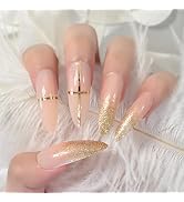 ELEVENAIL Beige Nude Glitter French Press on False Nails Super Long Stiletto Salon DIY Manicure R...