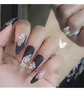 ANDGING Press on Nails Short Medium Almond, Fake Nails for Women with Black Milky White Butterfly...
