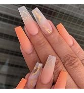 ANDGING Press on Nails Medium Length Coffin , Fake Nails for Women with Orange Clear Gold Heart B...