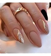 Almond Press on Nails Medium Fake Nails Nude False Nails with Designs Gold Glitter Line Glue on N...