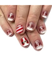 Christmas Press on Nails Short Square MABKJLF White French Tip Fake Nails False Nails with Design...