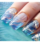 IFMOPETY Press On Nails，Blue Short Square Fake Nails，Reusable Blue Nail Kit in 12 Sizes，Gold Glit...