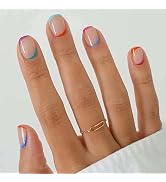 ANDGING Press on Nails Short Square, Fake Nails for Women with Nude Pink Blue Purple Curved Swirl...