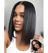 KLAIYI Yaki Straight Bob Wig Human Hair Bye Bye Knots Glueless Precut 7x5Lace Front Wig with Draw...