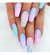 24Pcs Rainbow Gradient Press on Nails Sparkly Medium Coffin Manicure Art Acrylic Fake Nails Stick...