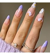 Purple French Tip Press on Nails, Short Almond Nude Fake Nails with Daisy, Short Oval Round Glue ...