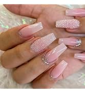 Medium Press on Nails Coffin Fake Nails with Rhinestones Designs Full Cover Glue on Nails Glossy ...