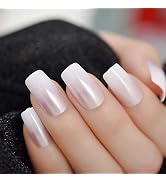EchiQ Pearl Shine Glossy Fake Nails Shimmer White Square French Nail Ombre Faux Ongles Gradient M...