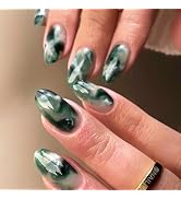 24Pcs Emerald Green Press on Nails Almond Medium Fake Nails Green Black Smudge Retro False Nails ...