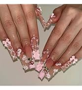 BABALAL Press on Nails Long Square Fake Nails Pink French Tip Glue on Nails with Cherry Bow Charm...