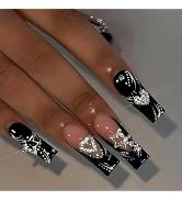 Long Press on Nails Black French Tip Long Fake Nails Coffin Press on Nails Square Black False Nai...